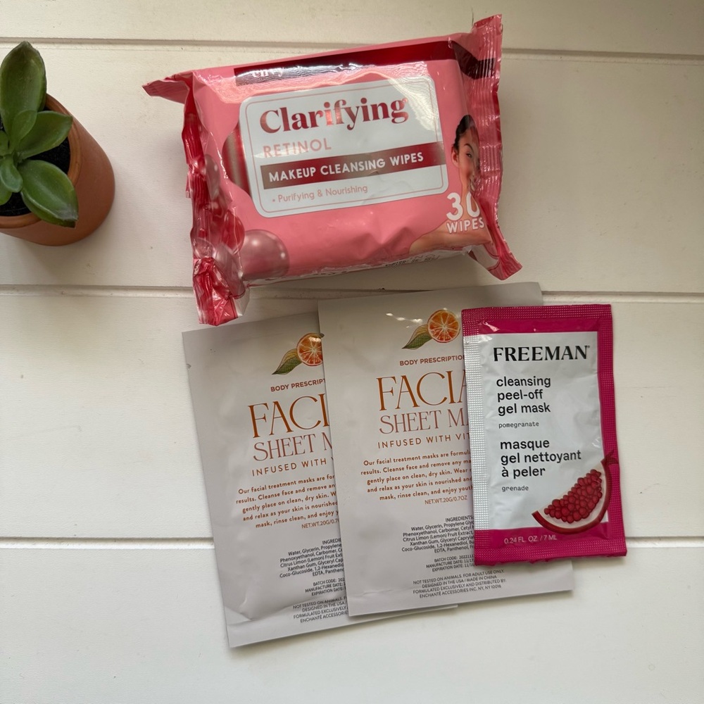 Clarifying Retinol Makeup Cleansing Wipes and other masks bundle